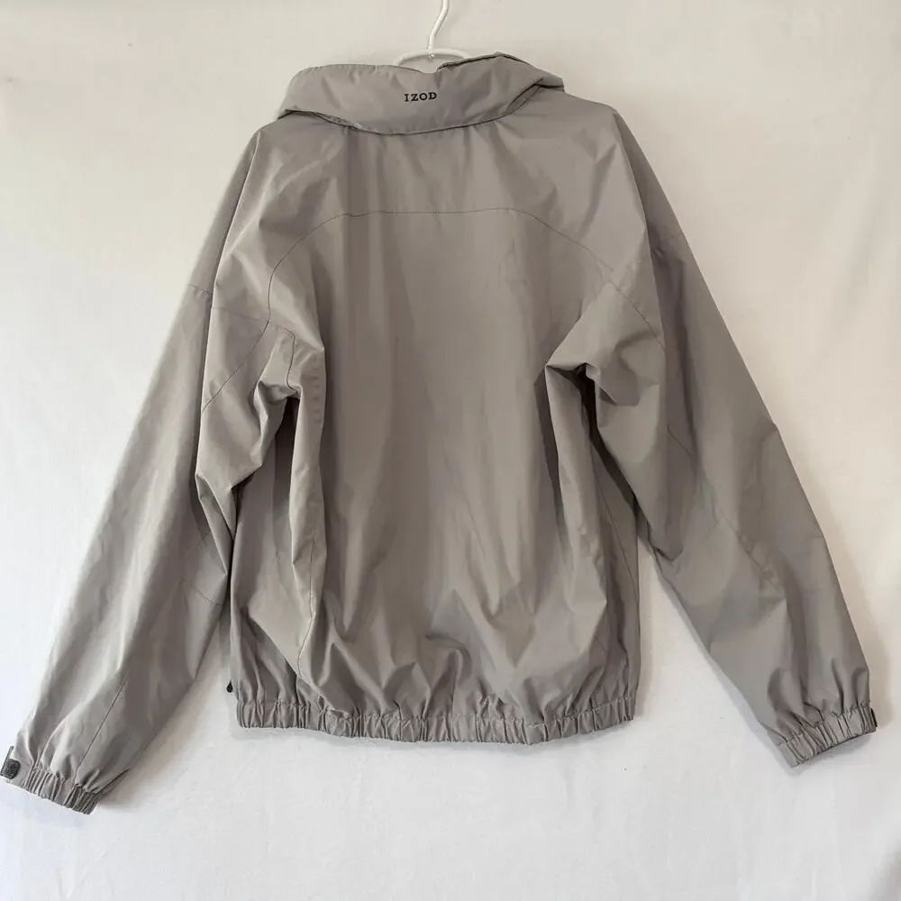 IZOD Golf Jacket Mens Medium Gray Windbreaker Roll Up Hood Lightweight Full Zip
